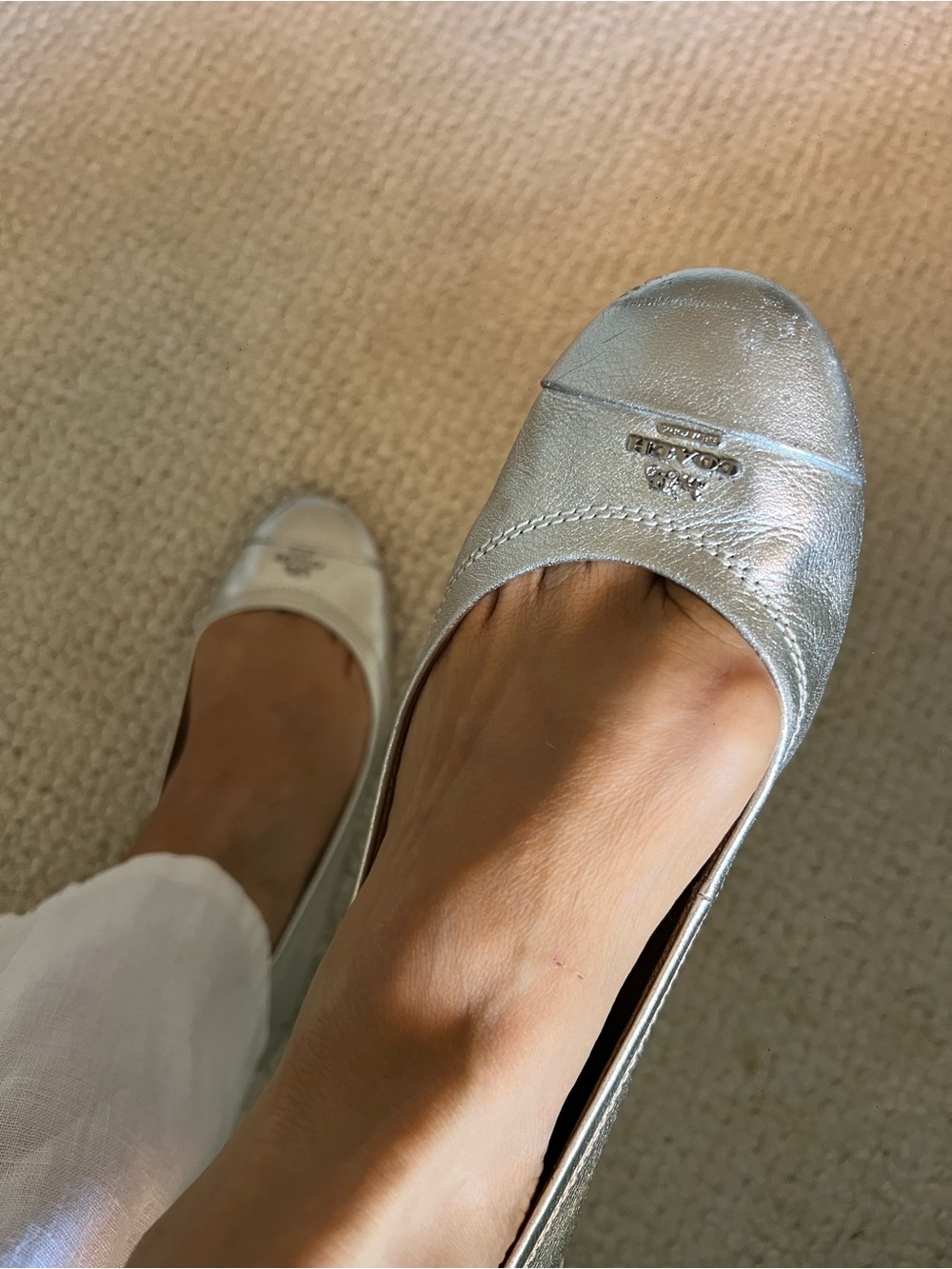 Coach Metallic Silver Leather Round-Toe Ballet Flats